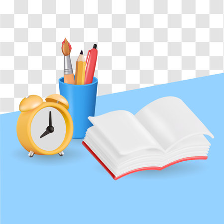 education, school vector icon set with book, alarm clock, pencil. learning, collection of 3d icons for learning.のイラスト素材