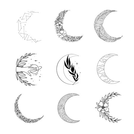 Set of linear simple graphic illustrations of the Moon Drawings of stars for clothesのイラスト素材