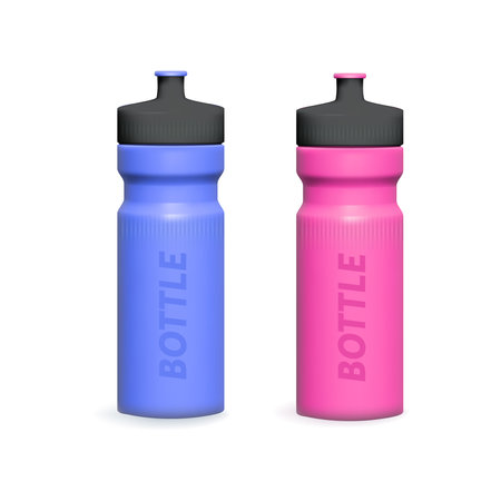 Blue and pink matte plastic sports water bottle. Photorealistic packaging mockup template. Vector 3dのイラスト素材