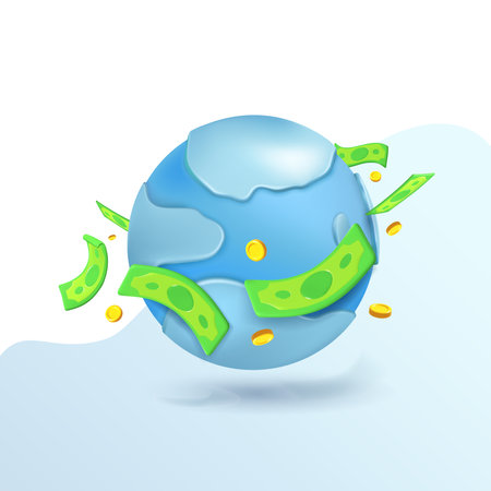 3d mobile phone with planet and green dollars and gold coins. Mobile app banner for online banking or loan. vector illustrationのイラスト素材