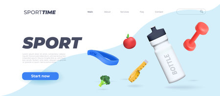 Banner template with Sports 3d elements, a bottle of water, a kettlebell, an elastic band for sports.のイラスト素材