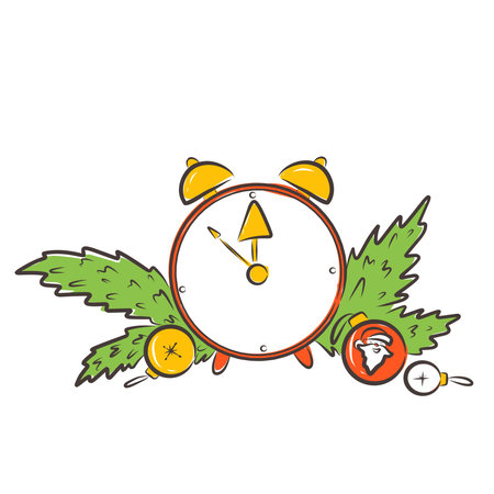 Doodle style Happy New Year sketch with illustrated clock striking midnight. Vectorのイラスト素材