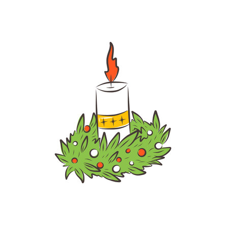 A white candle decorated with ginger cookies and a spruce branch. An element of Christmas and New Years design. Vectorのイラスト素材