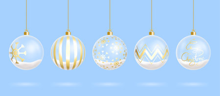 Christmas ornaments set glass ball Christmas glass ball with golden snowflakeのイラスト素材