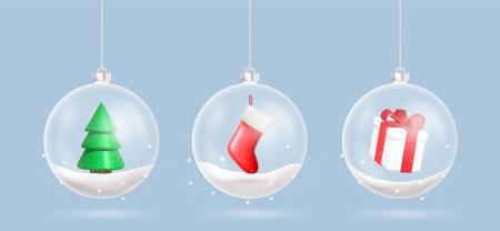 Merry Christmas and Happy New Year. Christmas decorations glass transparent balls with a gift, fir tree, santa boot inside Festive Christmas background. vectorのイラスト素材