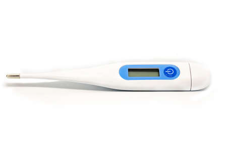 Digital thermometer on white background for measuring body temperature.