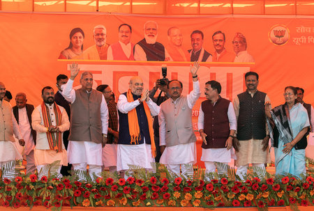 February 22, 2022. Prayagraj, Uttarpradesh, India. Union Minister Amit Shah and Cabinet Minster...