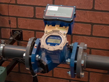 Moscow / Russia - Sept 26, 2018: Crocus Expo, ECWATECH exhibition, Ultrasonic water meter with wireless communication moduleのeditorial素材