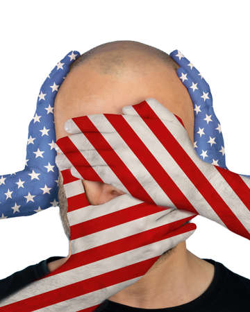 Censorship in USA. A man with covered eyes, ears and mouth