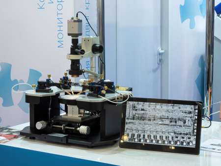 MOSCOW, RUSSIA - OCT 22 2019 Probe station with microscope and monitorのeditorial素材