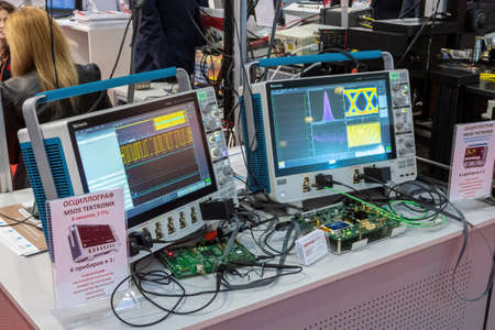 MOSCOW, RUSSIA - OCT 22, 2019 Mixed signal oscilloscopes on exhibition