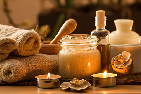 A serene spa-related arrangement featuring mashrooms, towels, candles, oils and warm wax. Calm and relaxing atmosphere. Generative AIの素材