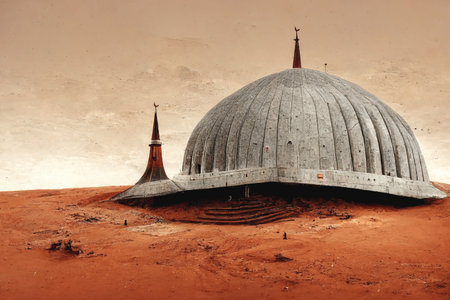 First mosque on Mars. Futuristic AI-generated image, not based on any actual sceneの素材