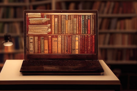 3d concept image. Knowledge of the whole world on one screen. Laptop on a library table. AI-generated, not based on any actual sceneの素材