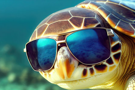 3D-image of cute sea turtle wearing a sunglasses, looking at the camera. AI-generated picture, not based on any actual sceneの素材