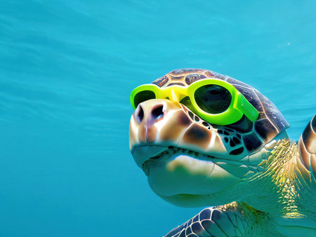 Portrait of a large sea turtle swimming in goggles. AI-generated 3D-image, not based on any actual sceneの素材
