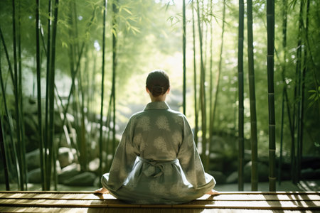 A woman wearing bamboo pajamas practicing meditation, view from the back. Generative AIの素材