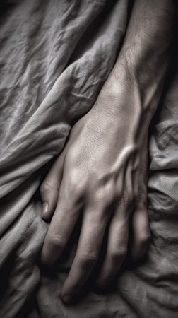 A close-up of a person's hand laying down under a sheet or blanket on a bed. Generative AIの素材