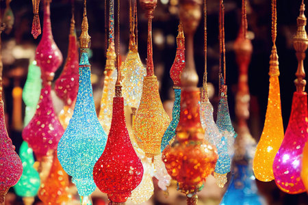 3D-image of a bunch of colorful turkish lamps made of crystals hanging from a ceiling. AI-generated, not based on any actual sceneの素材