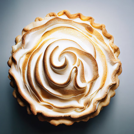 Top view of a lemon meringue pie. AI-generated photorealistic image, not based on any actual objectの素材