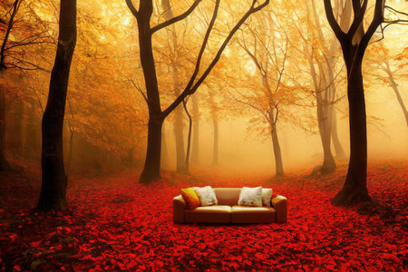 3D-image of a cozy couch with pillows in the middle of an autumn forest, vivid colors. AI-generated, not based on any actual sceneの素材
