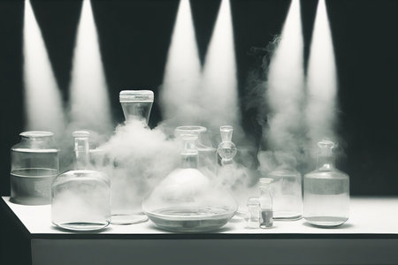 3d-image of glass flasks with evaporating liquids on the chemical laboratory table. AI-generated, not based on any actual sceneの素材