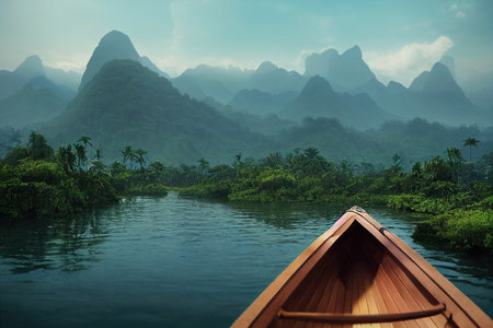 A canoe traveling along a waterway against a backdrop of a large green forest and mountainous landscape. Generative AIの素材