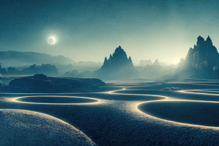 A futuristic landscape of a desert, marked by unique spiral lines. An ecliptic moon casts a serene light, creating a scene of zen-like tranquility. Generative AIの素材
