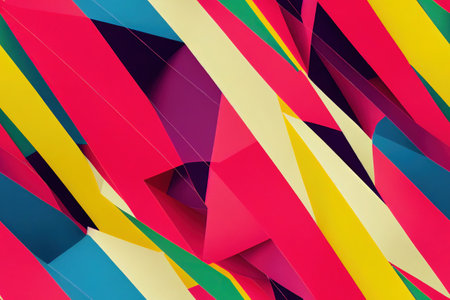 A vibrant, abstract background featuring a design of colorful geometric shapes, including bold, colorful lines and triangles. Sharp edges, dynamic lines, and abstract structures, resulting in a hyper-detailed and vivid visual effect. Generative AIの素材