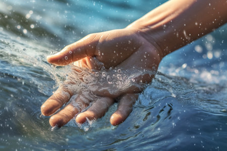 A human hand abruptly splashing through water, creating a fluid, organic interaction between the person and the water's surface. Generative AIの素材