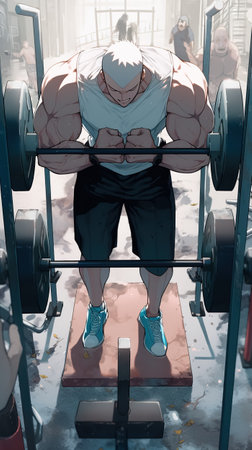An anime-style muscular character in a gym environment, standing behind a barbell and engaged in weightlifting. The scene focuses on everyday life and fitness activities.の素材