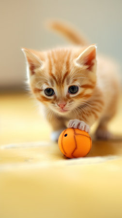 An adorable, playful orange kitten engaged with a toy on the floor within a room.の素材