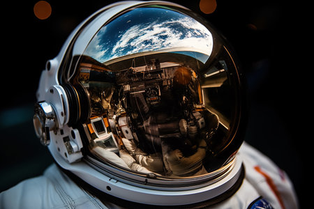 Astronaut helmet, the protective glass reflects the interior of the spacecraft and the planet Earth visible in the background.の素材