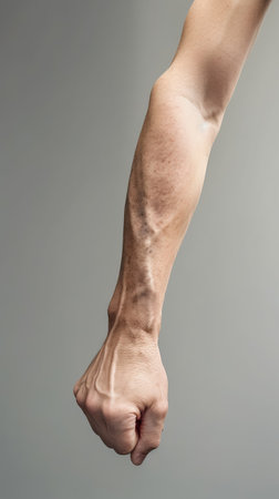 A weak-looking arm, specifically highlighting the wrist and hand. Gray neutral background.の素材