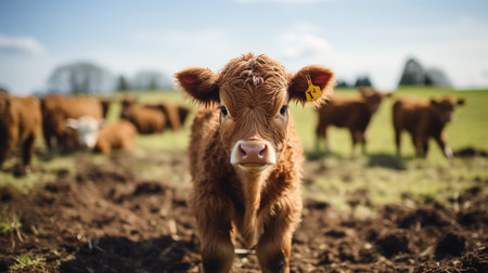 A baby cow with a pink nose and a tag in ear standing in a grassy farm field next to other cows, looking at the camera.の素材