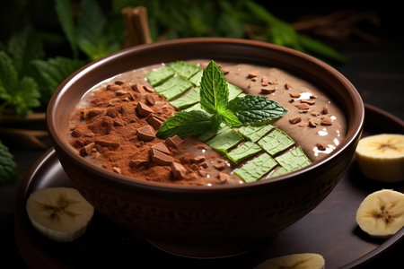 A bowl of Amazonian Cacao Forest Mousse is garnished with banana, mint, and chocolate chips, served on a wooden plate.の素材