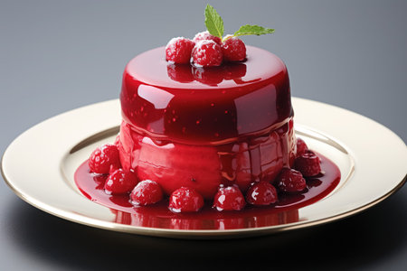 A cranberry mousse cake decorated with cranberries and mint on a golden plate. Crafted from handpicked berries, this dessert offers a crisp, refreshing bite, reminiscent of the cold Antarctic breeze and the mystery of the land of endless ice. Haute cuisine, michelin star restaurant.の素材