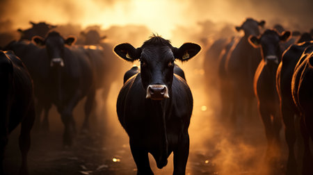 A herd of black cows walking in a pasture at sunset, backlit by the descending sun. One cow in focus in the center of the frame.の素材
