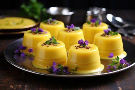 Saffron Panna Cotta dessert with lemon curd, is served on a plate, accompanied by purple flowers. The dish has a smooth and shiny texture, exuding refined elegance with its translucent color and botanical accuracy.の素材