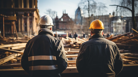 Two construction inspectors in winter jackets and hard hats look at a building under construction on a construction site. They discussing the timber frame construction and the arrangement of construction materials.の素材