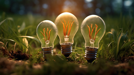 Three light bulbs with flowers instead of filaments are placed on the green grass, creating a nature-inspired imagery with glowing lights.の素材