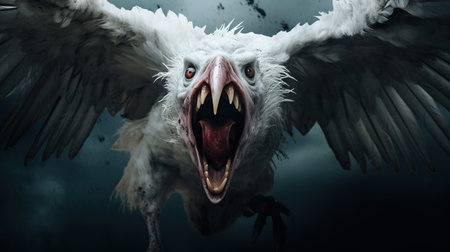 A menacing, white bird displays its outstretched wings and a wide-open beak, revealing sharp teeth, set against a stormy, dark background.の素材