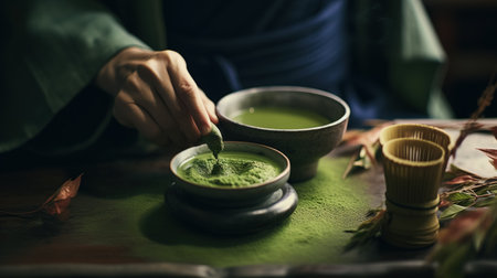 A person is preparing and pouring matcha green tea into a bowl on a wooden table. Traditional Japanese matcha tea ceremony.の素材
