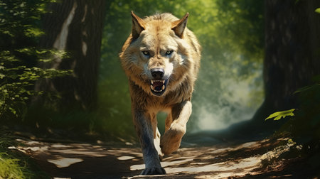 A large gray wolf is running along a path in the woods, with a strong facial expression.の素材