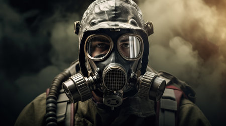 A soldier wearing a gas mask looks directly at the camera against a smokey, darkened background, displaying a strong facial expression.の素材