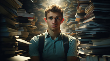 A young man is surrounded by a large piles of books in a library setting, emphasizing the power of knowledge and the essence of academia.の素材