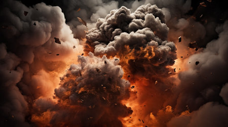 An explosion with intense smoke and flames set against a dark background.の素材