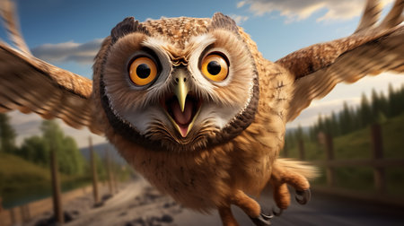 A brown owl with orange eyes in mid-flight, displaying strong expressions as it soars through the air.の素材