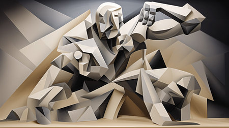 Complex geometric shapes come together to form intricate human-like figures, exuding a modern artistic vibe.の素材