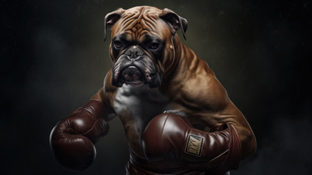 Muscular bulldog with a determined expression, wearing professional boxing gloves, poised against a smoky backdrop.の素材